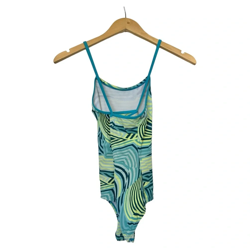 Nike Girls One Piece Swimsuit Criss Cross Back Green Yellow 12-13 Yrs Size Large